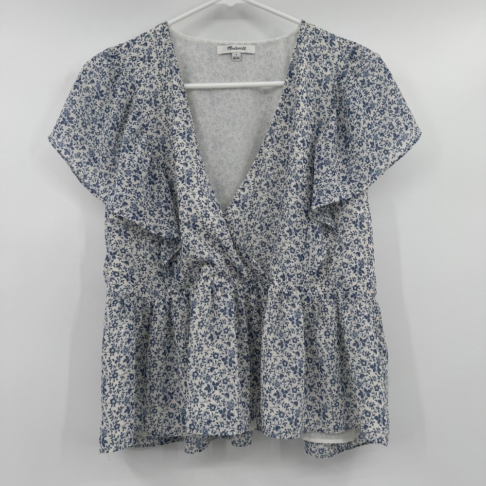 Madewell Top Women Small Blue Americana Floral Georgette Ruffle Sleeve Peplum